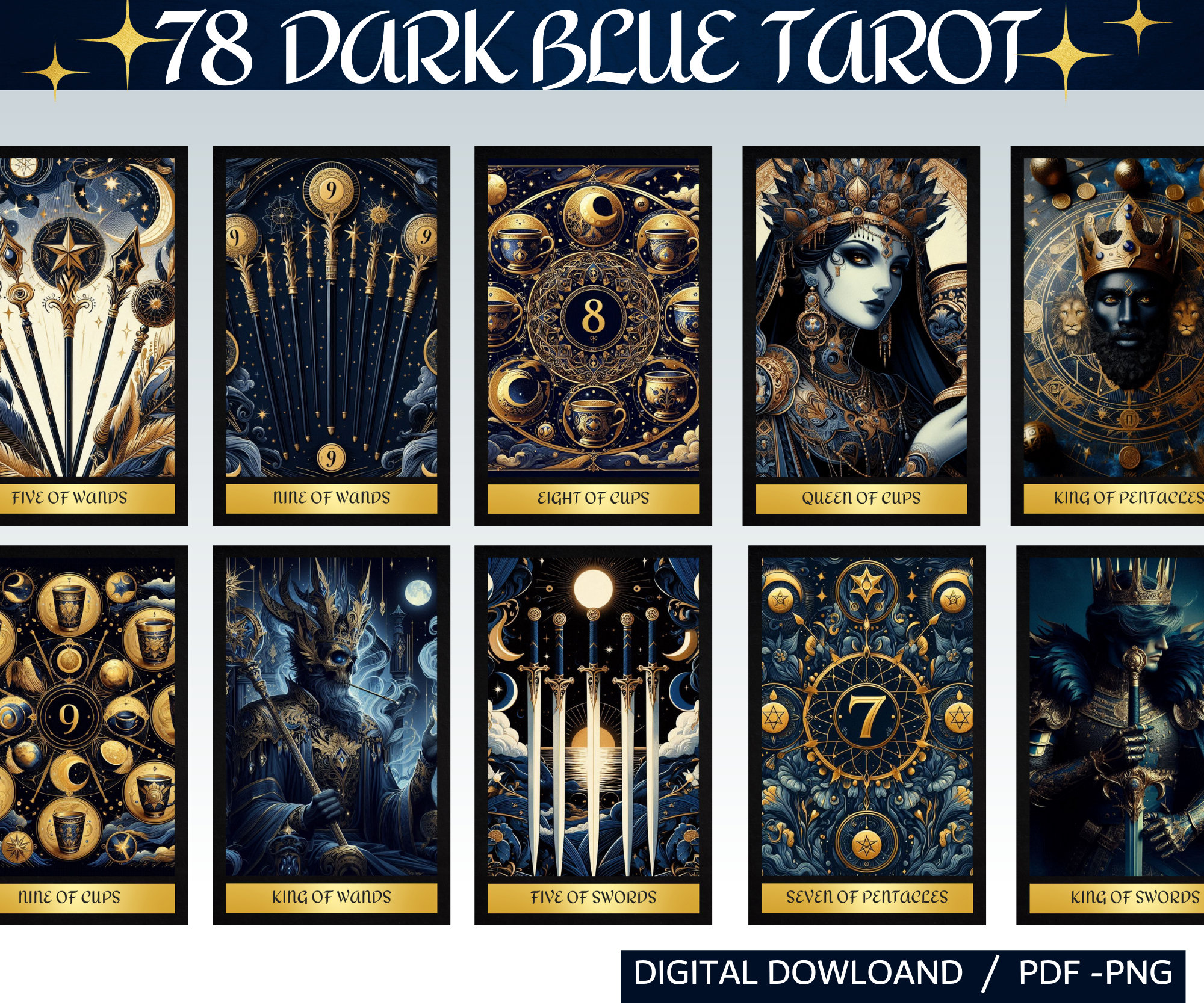 78 Dark Blue Gold Tarot Cards - Printable Oracle Deck (PNG) - Etsy