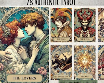 May include: A set of 78 tarot cards with colorful illustrations. The cards feature images of The Fool, The Devil, The Lovers, The Hanged Man, and The Sun. The cards are part of a larger set of 78 cards.
