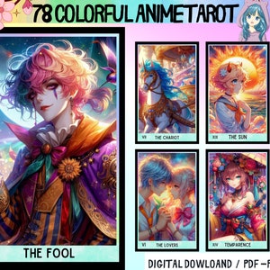 Colorful Anime Tarot Cards - Printable Tarot Deck -  Digital Cards deck - Printable Oracle