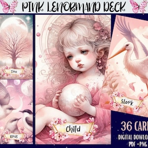 Baralho de cartas Lenormand rosa - Baralho de tarô doce para impressão - Baralho de cartas digitais - Oráculo para impressão