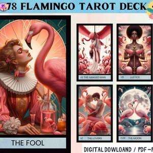 78 cartes de tarot numériques thème flamant rose - jeu de tarot imprimable - jeu de cartes numériques - Oracle imprimable