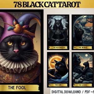 78 Cartas de Tarot Digitales Tema Gato Negro - Baraja de Tarot Imprimible - Baraja de Cartas Digitales - Oráculo Imprimible