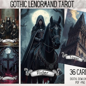 Pode incluir: Um baralho de Tarot Gótico Lenormand com 36 cartas. As cartas apresentam ilustrações sombrias e góticas, incluindo imagens de ratos, um cavaleiro em um cavalo preto, uma torre e uma encruzilhada. O baralho está disponível para download digital em formatos PDF e PNG.