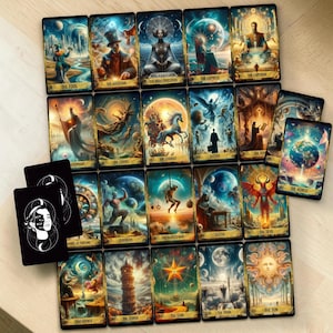 Puede incluir: Una baraja de cartas del tarot con ilustraciones vibrantes y detalladas. Cada carta muestra una obra de arte única con títulos como "El Loco", "El Mago" y "El Mundo". Dos cartas negras con un diseño de rostro blanco están en primer plano. Las cartas están dispuestas sobre una superficie clara.