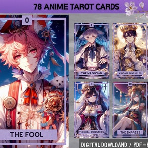 78 アニメテーマのデジタルタロットカード - 印刷可能なタロットデッキ - デジタルカードデッキ - 印刷可能なオラクル