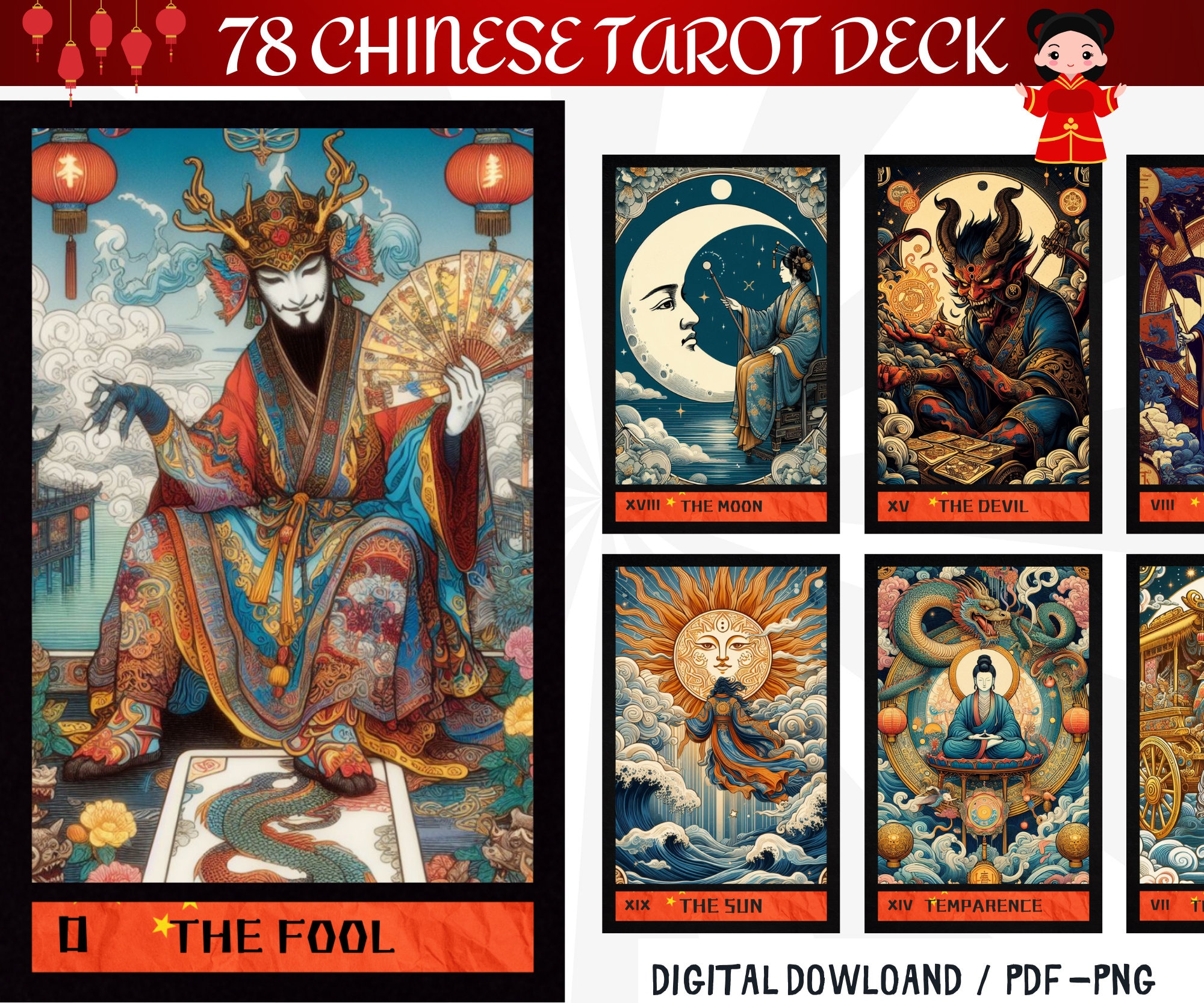 78 Chinese Tarot Cards: Asia Inspired Printable Deck