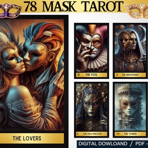 78 Mask Theme Digital Tarot Cards - Printable Tarot Deck -  Digital Cards deck - Printable Oracle