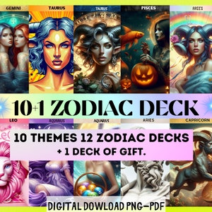 10 + 1 Temas Pacote de baralho de 12 cartas do Zodíaco - Pacote de cartas do Zodíaco - Baralho do Zodíaco para impressão - Baralho de cartas digitais - Oráculo para impressão