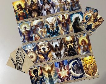 May include: A full deck of tarot cards with gold accents and illustrations of angels, mythical creatures, and celestial bodies. The cards are laid out in a grid pattern, showing the Major Arcana.