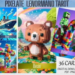 May include: Pixelated Lenormand Tarot deck featuring 36 cards. The cards showcase pixel art illustrations of a ship, a cross, a bear, and a rider on a horse. The deck is available as a digital download in PDF and PNG formats.
