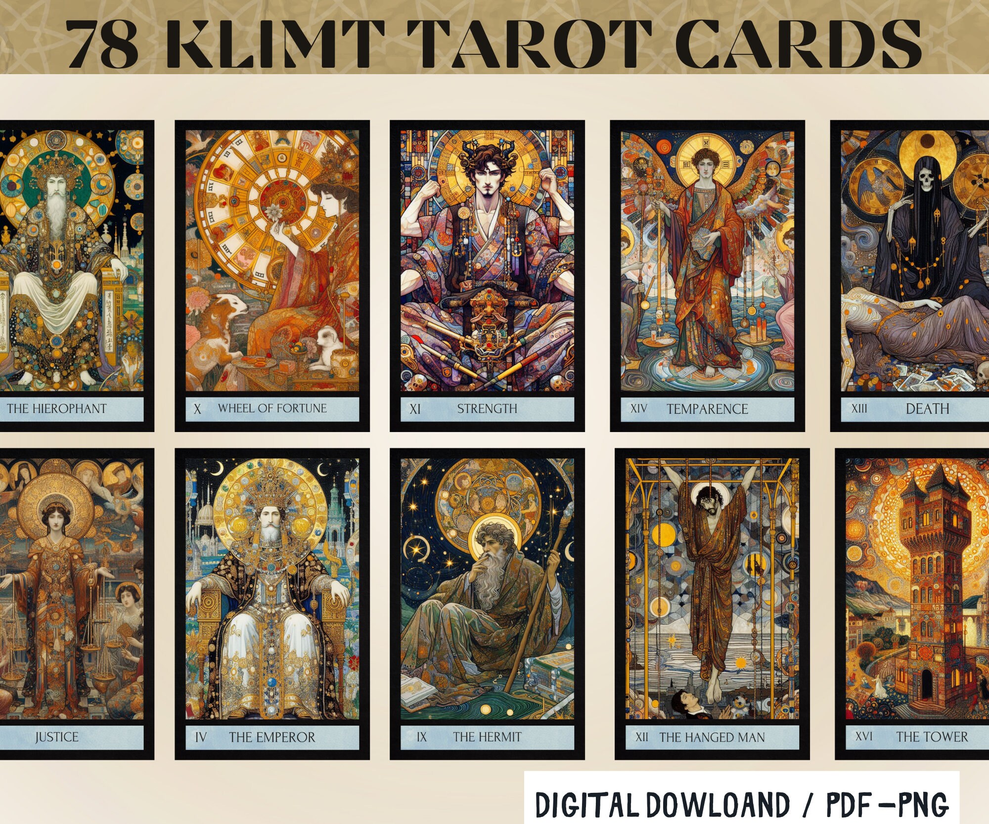 78 Klimt Theme Digital Tarot Cards Printable Oriantal Tarot Deck ...