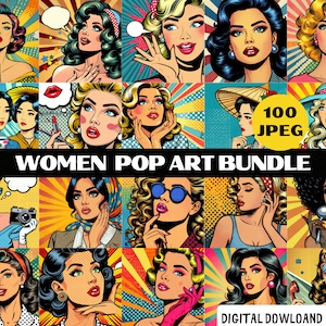 Puede incluir: Un paquete digital de arte de 100 imágenes de estilo pop art con mujeres con diferentes peinados, expresiones y fondos. Las imágenes están en una paleta de colores vibrantes con líneas y texturas audaces.