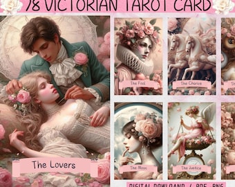 May include: A collection of 78 Victorian Tarot cards, featuring romantic illustrations with floral and pastel accents. The cards include images of "The Lovers," "The Fool," "The Chariot," "The Moon," and "The Justice." The text "DIGITAL DOWNLOAD / PDF -PNG" is also visible.