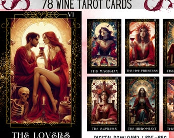 78 Wine  Theme Digital Tarot Cards - Printable Tarot Deck -  Digital Cards deck - Printable Oracle