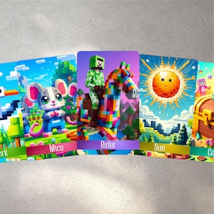 May include: A series of colorful, pixelated art cards featuring various characters and scenes. One card displays a mouse with the word "Mice", another shows a rider on a rainbow horse, and a third depicts a pixelated sun with the word "Sun".