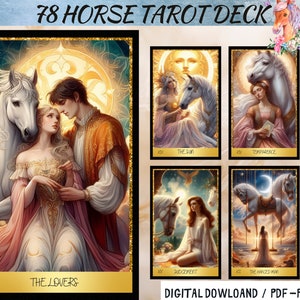 78 Digitale Tarotkarten für Pferde - Druckbare weiße Pferd und Frau Tarot Deck - Digitale Karten Deck - Druckbare Orakel