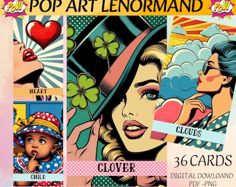 May include: Pop art Lenormand card set featuring illustrations of a heart, clover, clouds, and a child. The set includes 36 cards with digital download options. The artwork is in a vibrant pop art style with bold colors and graphic elements.