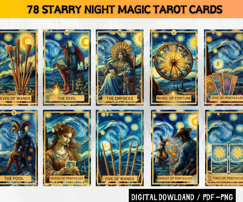 78 Starry Night Magic Theme Digital Tarot Cards Printable Tarot Deck ...