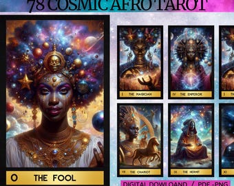 May include: A tarot deck with 78 cards featuring cosmic and afro-inspired imagery. The cards are arranged in a grid with the title "78 COSMIC AFRO TAROT" at the top. The image shows the "The Fool" card, which depicts a woman with a colorful afro and a cosmic background.