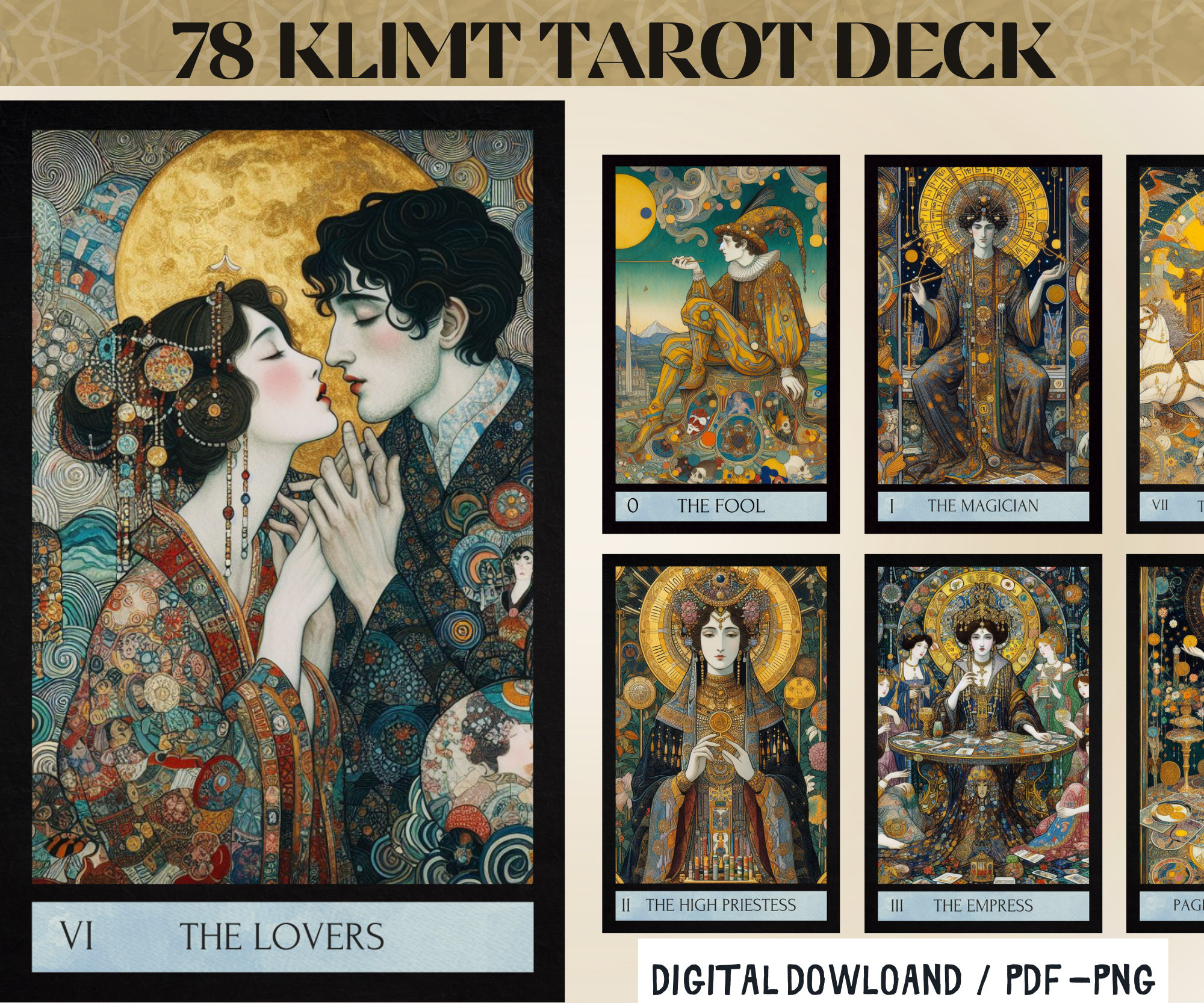 78 Klimt Theme Digital Tarot Cards Printable Oriantal Tarot Deck ...