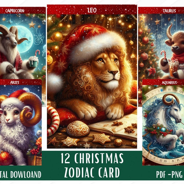 12 Christmas Theme Zodiac Tarot Cards - 12 Zodiac Cards - Printable Zodiac  Deck -  Digital Cards deck - Printable Oracle