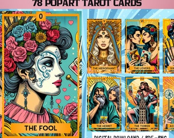 Könnte beinhalten: Ein Set mit 78 Tarotkarten im Pop-Art-Stil. Die Karten zeigen farbenfrohe Illustrationen und kräftige Umrisse. Die Karten sind in einem Raster angeordnet, mit dem Text "78 POPART TAROT CARDS" oben. Der Text "DIGITAL DOWLOAND / PDF-PNG" befindet sich unten.