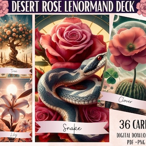 Baralho de cartas Desert Rose Lenormand - Baralho de tarô rosa para impressão - Baralho de cartas digitais - Oráculo para impressão