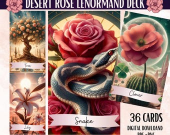 May include: A set of 36 digital Lenormand cards featuring desert rose imagery. The cards include a snake, a tree, a lily, and a clover. The cards are available for digital download in PDF and PNG format.