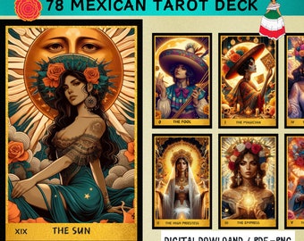 May include: A tarot deck with a Mexican theme. The cards feature colourful illustrations of people and objects in a traditional Mexican style. The cards are arranged in a grid, with the Sun card in the centre. The Sun card features a woman with long dark hair wearing a blue dress and a crown of flowers. The card is surrounded by a golden frame.