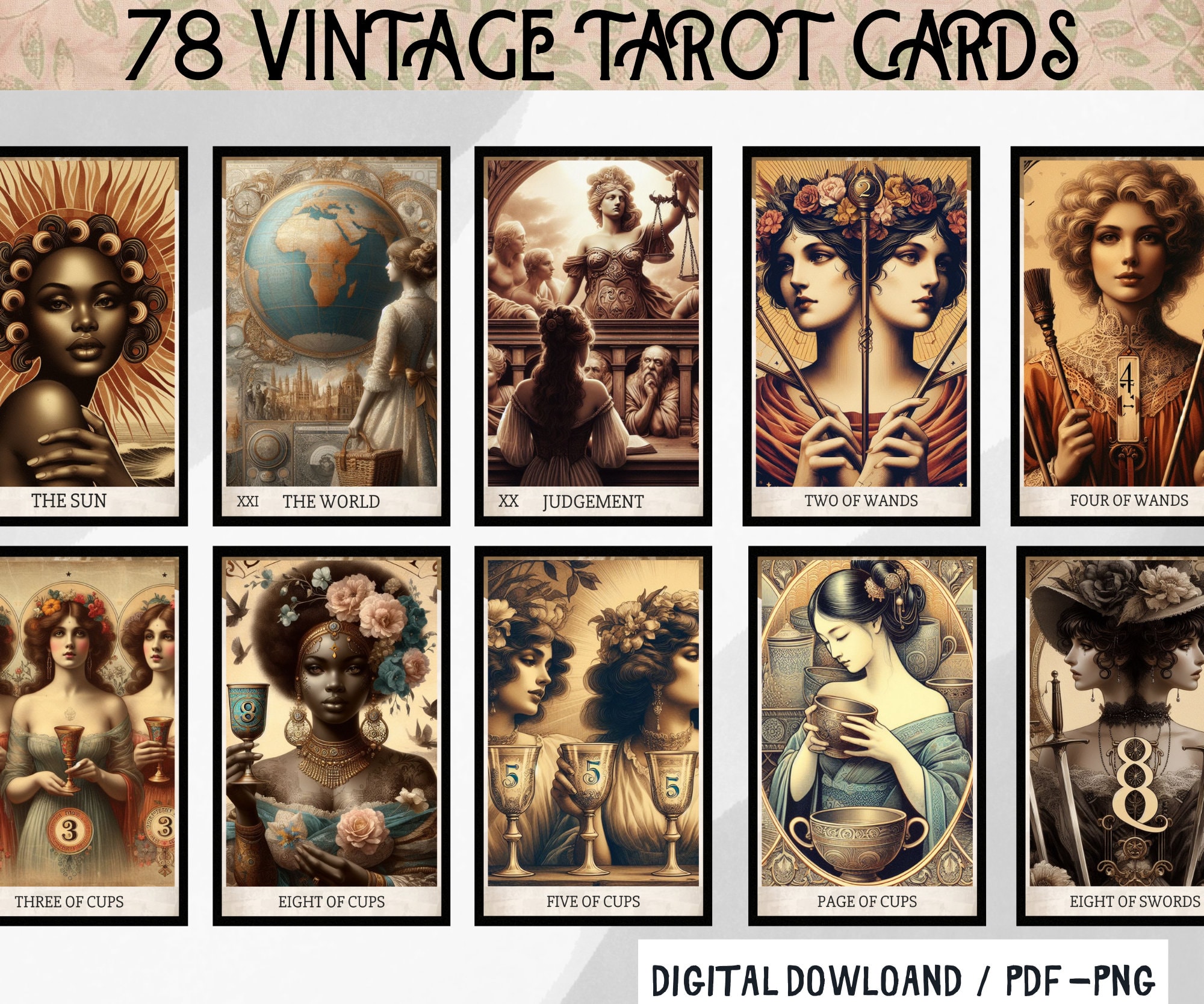 78 Vintage Digital Tarot Cards Printable Tarot Deck Digital Cards Deck ...