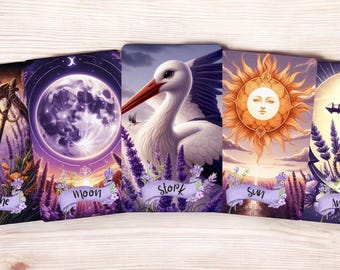 May include: A set of five tarot cards featuring illustrations of a full moon, a stork, a sun, and other celestial and natural elements. Each card has a lavender border and a banner with a word.