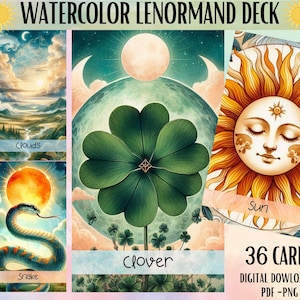 Mazzo di carte Lenormand ad acquerello - Mazzo di tarocchi colorati stampabili - Mazzo di carte digitali - Oracolo stampabile