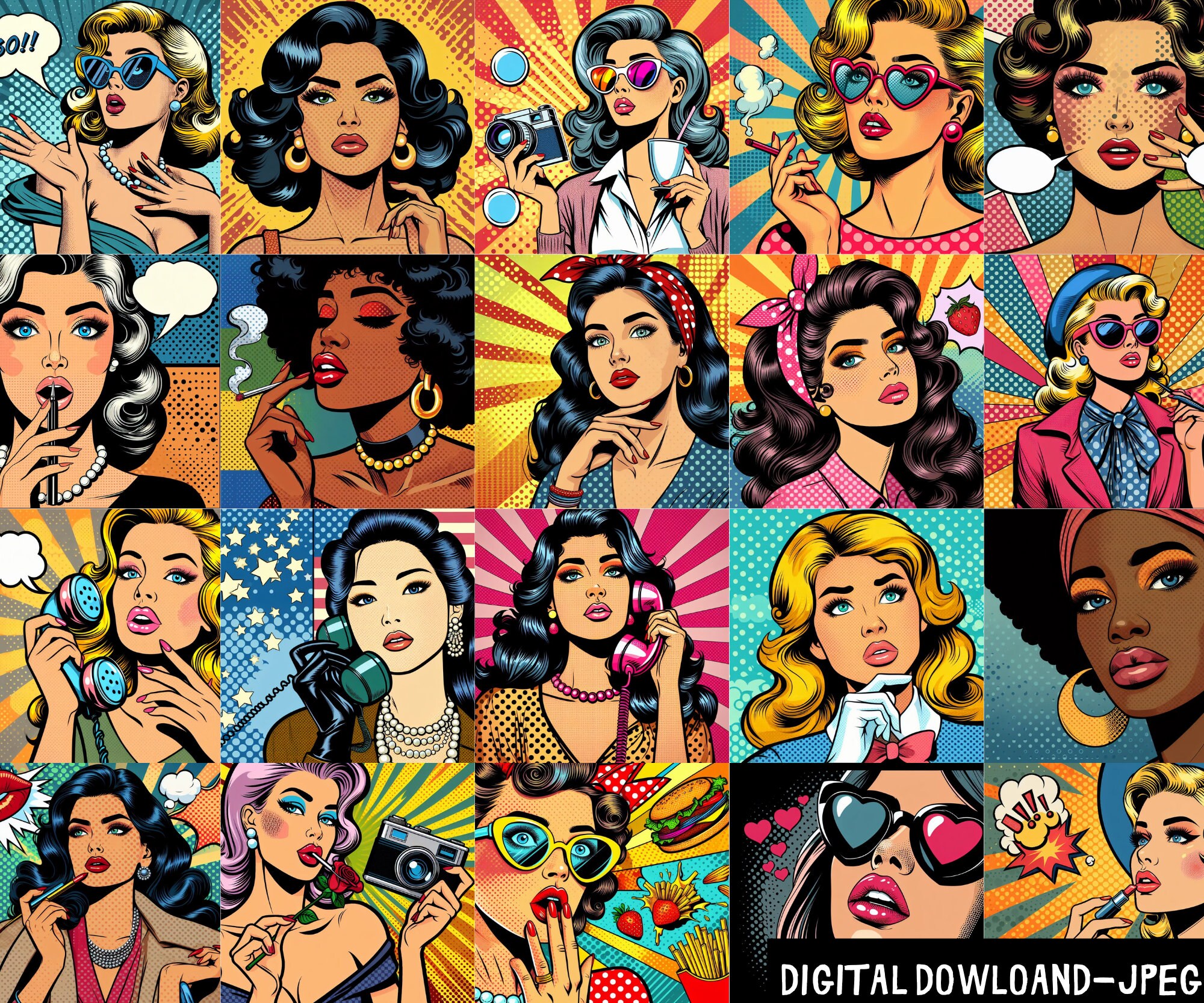 100 Retro Women Pop Art Prints Vintage Wall Collage Kit digital 100 Retro Women Pop Art Prints Vintage Wall Collage Kit digital