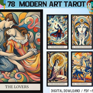78 digitale tarotkaarten met moderne kunstthema - afdrukbaar tarotdeck - dek digitale kaarten - afdrukbaar Oracle