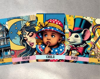 May include: A collection of tarot cards with vibrant illustrations. The cards feature images of a house, a woman with a crescent moon, a baby with a hat, and a mouse in a top hat. The word "CHILD" is visible on one card.