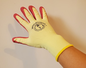 Womanswork Weeder Gloves: Latex Coated, Yellow & Pink