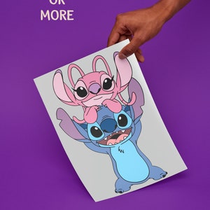 May include: A cartoon illustration of Stitch and Angel from Lilo & Stitch. Stitch, in blue, holds Angel, in pink, above his head. The image is on a white background against a purple backdrop. Text at the top reads "FREE SHIPPING FOR ORDERS OR MORE".