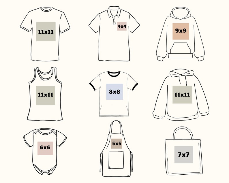 May include: Line drawings of various apparel items, including a t-shirt, polo shirt, hoodie, tank top, t-shirt, hoodie, onesie, apron, and tote bag. Each item has a rectangular area marked with dimensions in inches, such as 11x11, 4x4, 9x9, 8x8, 6x6, 5x5, and 7x7.