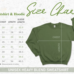 May include: An olive green unisex heavy blend sweatshirt with a size chart. The chart displays chest, length, and sleeve measurements in inches for sizes S through 5XL. The sweatshirt is shown with chest and length indicators.