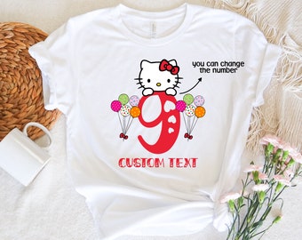 Camiseta de cumpleaños personalizada de Hello Cat, camiseta personalizada de Hello Cat, camiseta de fiesta de cumpleañera, camiseta de cumpleañera de gatito, linda camiseta de gatito kawaii