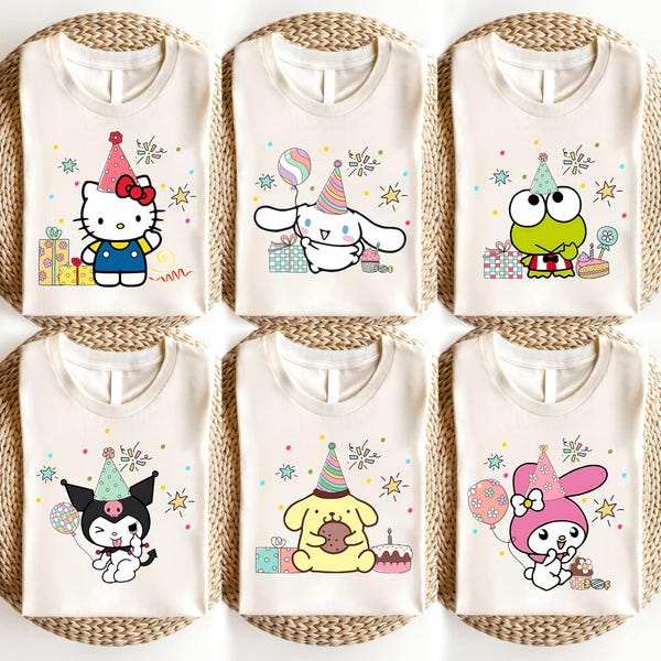 Custom Hello Cat Birthday Shirt, Kawaii Kitty Friends Birthday Shirt, Birthday Girl Party Shirt, Cinnamoroll Shirt, My Melody Birthday Tee