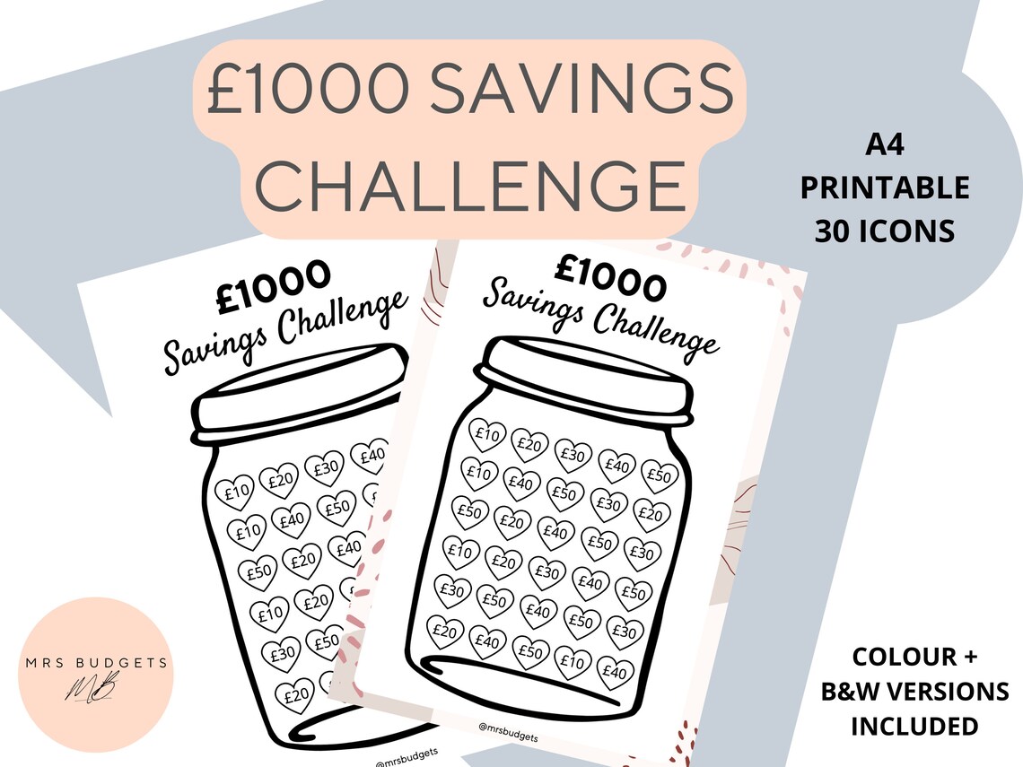 1000 Pounds Saving Challenge Printable UK A4 Money Savings Challenge 