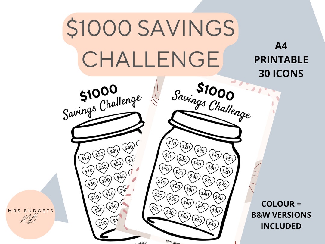 1000 Dollars Saving Challenge Printable US, A4 Money Savings Challenge, Digital Download ...