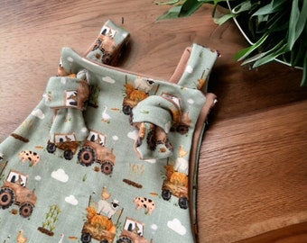 Overalls for children, gender neutral, girl outfit, boy romper, baby clothing, baby shower gift, tractor and farm animal print