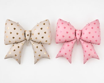 Bow Foil Balloon, Pink or White Sand with Gold Hearts, Coquette Party Decor, Girl Birthday Balloon, Baby Shower Decor