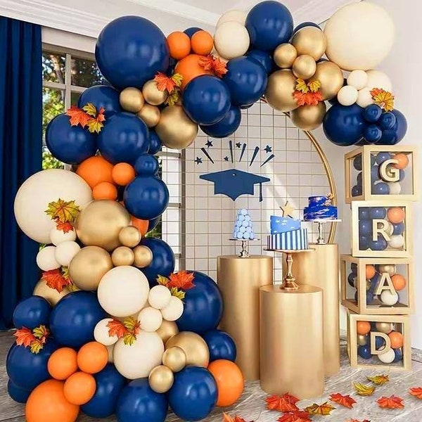 DIY Balloon Garland Arch Kit,Navy Orange Ivory & Gold Graduation Party,Wedding Anniversary,Bridal Shower,Bachelorette,Birthday,Baby Shower