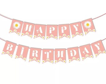 Daisy Happy Birthday Banner, Retro Boho Girls Birthday Party Garland