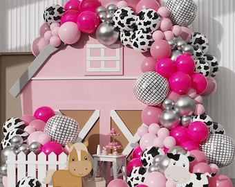 Cowgirl Balloon Garland Kit, Pink, Silver, Cow Print - Western Birthday Party, Shower Decorations