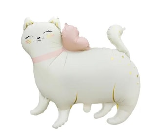 May include: White cat balloon with pink wings and gold glitter. The balloon has a smiling face and a pink collar.