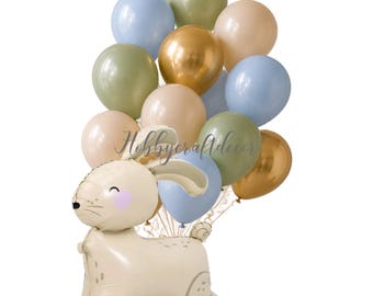 Bunny Balloon Bouquet, Bunny Birthday Balloons, Pastel Blue Sage Green Beige Gold Balloon Bouquet, Woodland Baby Shower Decor, Rabbit Party